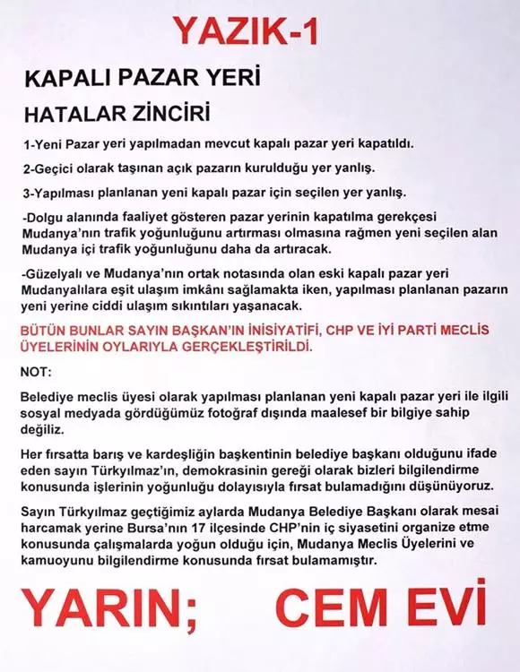 Milliyetçi Hareket Partisi (MHP) Mudanya Belediye Meclis Üyesi ve Grup Sözcüsü Bülent Erden sosyal medya hesabından 14 gün boyunca yayınlayacağı açıkladığı ilk paylaşımında faaliyetine son verilen ilçenin tek Kapalı Pazaryerindeki durumu gündeme getirdi.