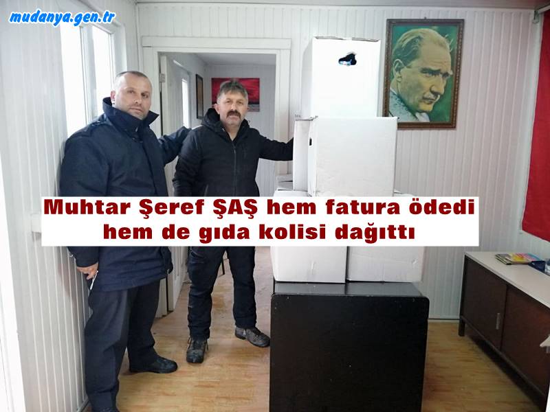 Mudanya Şükrü Çavuş Mahalle Muhtarı Şeref Şaş hayırseverlerin desteği ile elektrik faturalarını ödeyemeyen ihtiyaç sahibi ailelerin imdadına koştu. Faturaların ödenmesinin yanında gıda kolilerini ihtiyaç sahiplerine ulaştıran Muhtar ŞAŞ ve ekibi örnek çalışmalarına devam ediyor