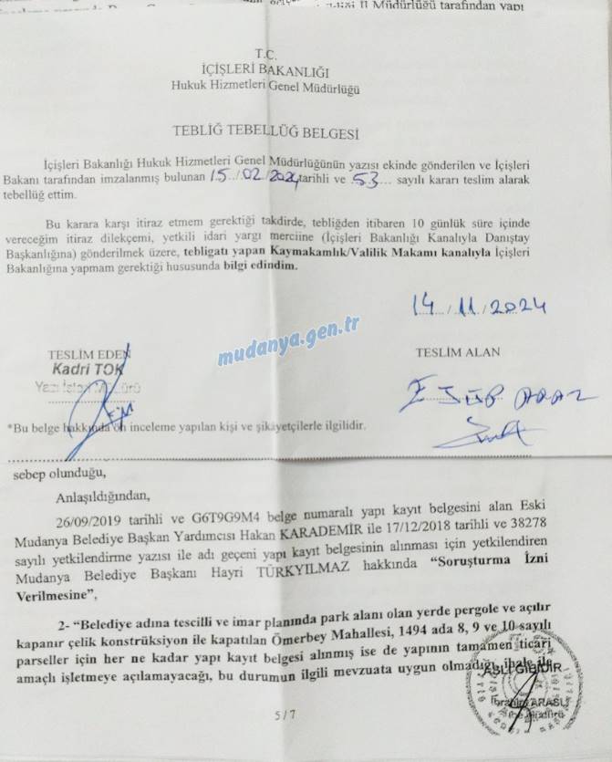 Mudanya İnisiyatif Hareketi Üyesi Güzelyalı CHP esli Belde Başkanı Eyüp Araz sosyal medya profilinden yaptığı açıklamada şikayeti üzerine Mudanya Belediyesi Eski Başkanı Hayri Türkyılmaz'ın yargılanacağını söyledi.